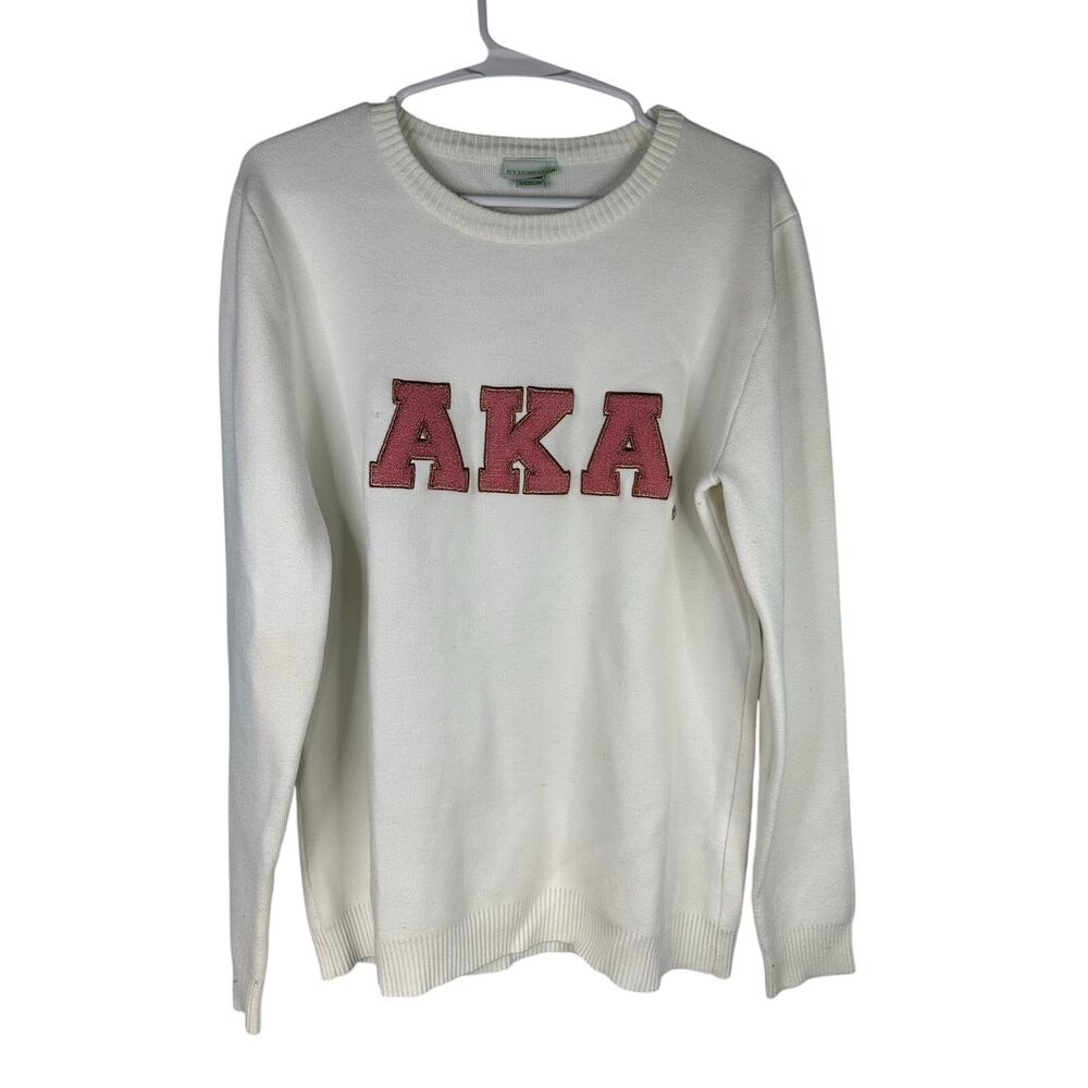 Ivy Storehouse AKA white Knit Sweater embroidered pink/green letters Medium